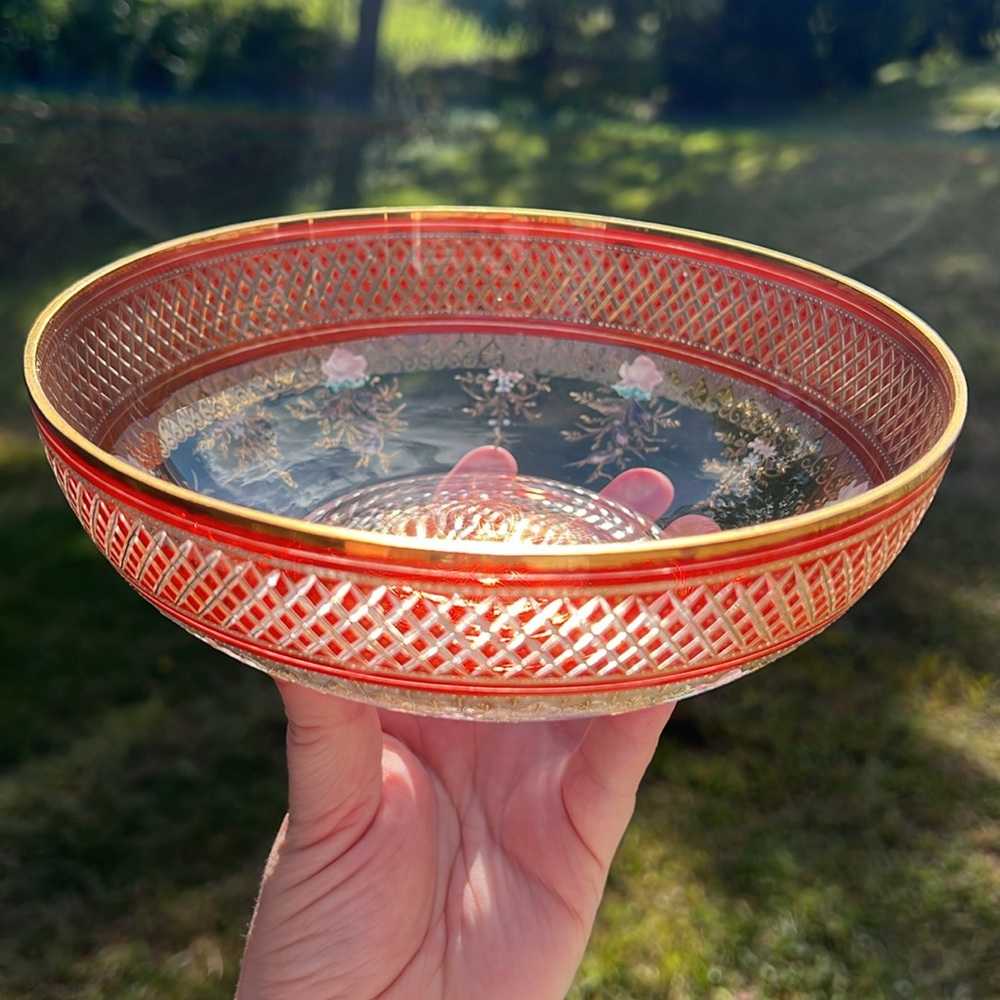 Antique Bohemian Moser Gilt Handpainted Enamel Red Cut to Clear Art Glass Bowl